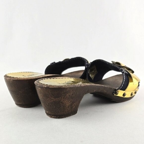 Faith Women's Gold Denim Slip On Upper Buckle Strap Mule Sandal Sole Size 6 - Picture 6 of 16